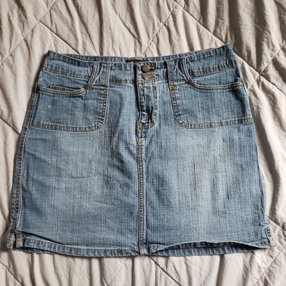 NoBo No Bounderies Stretch Juniors 7 Blue Denim Skirt Side Slits Y2K Pockets EUC - Picture 1 of 9